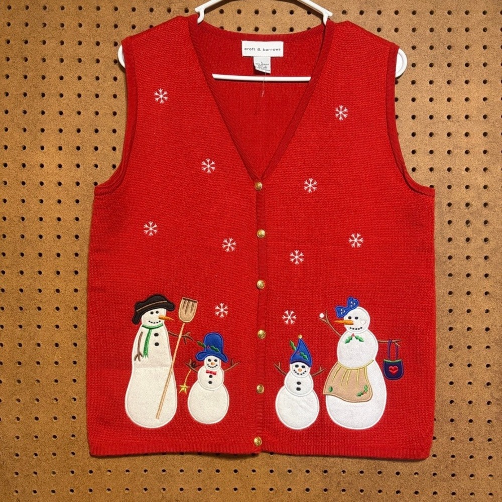 Croft & Barrow Sweater Vest Large Red Snowman Christmas Holiday Button Front
